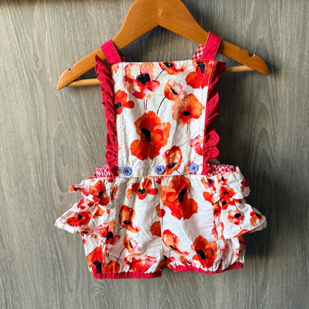 Matilda Jane Sabine Poppy Ruffle Romper 6-12M Red Floral Gingham Cottage Boho